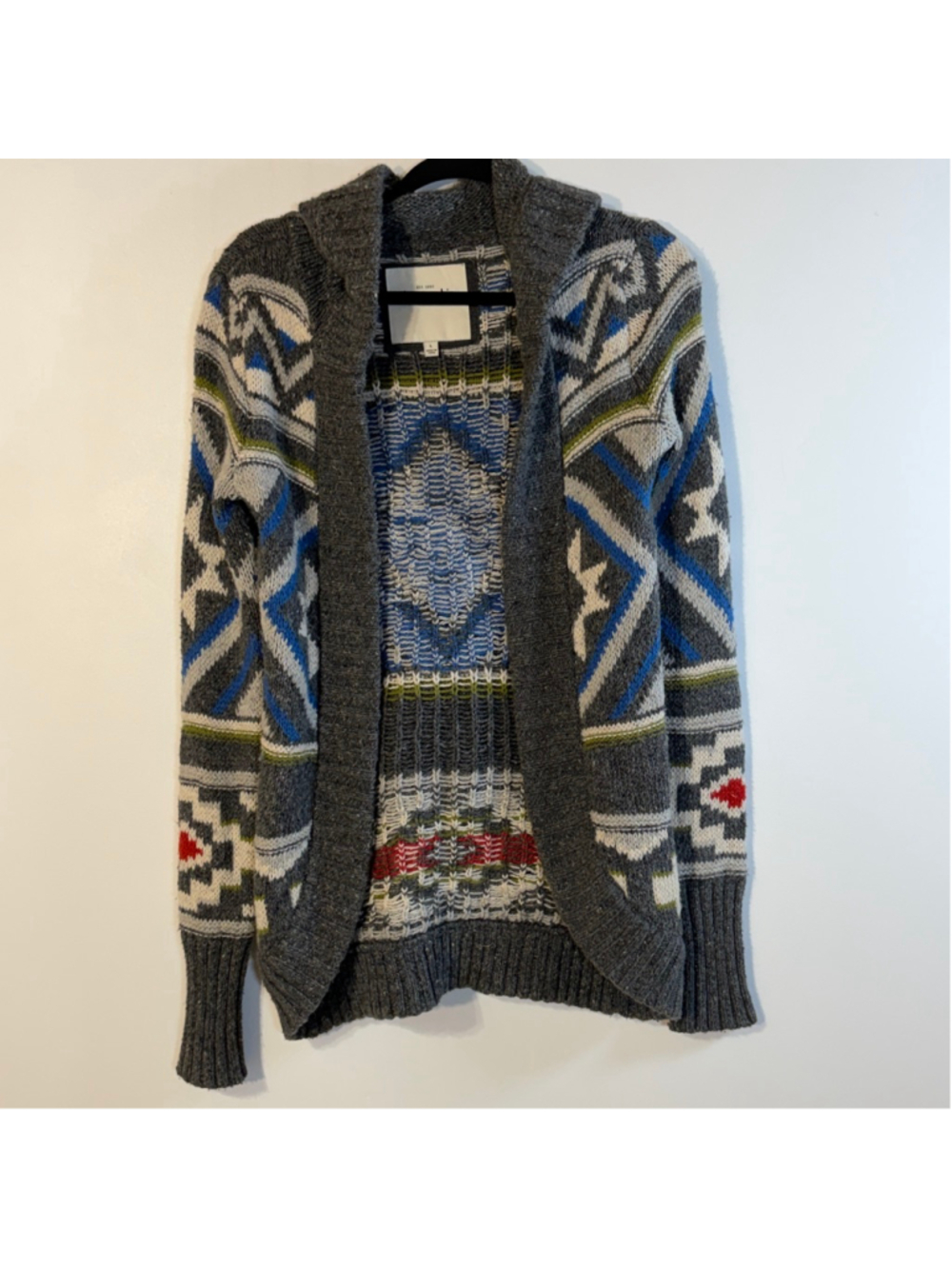 Abercrombie & Fitch Gray Blue Aztec Hooded Cardigan Women’s Large Wool Blend